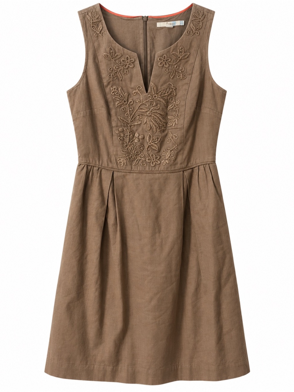 Boden Taupe Embroidered Cotton Dress US 6 UK 10 Boho Shift